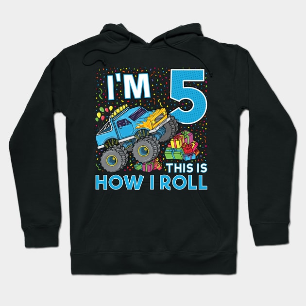 5th Birthday Monster Truck Party Gift 5 Year Old Boy Hoodie by silentsoularts